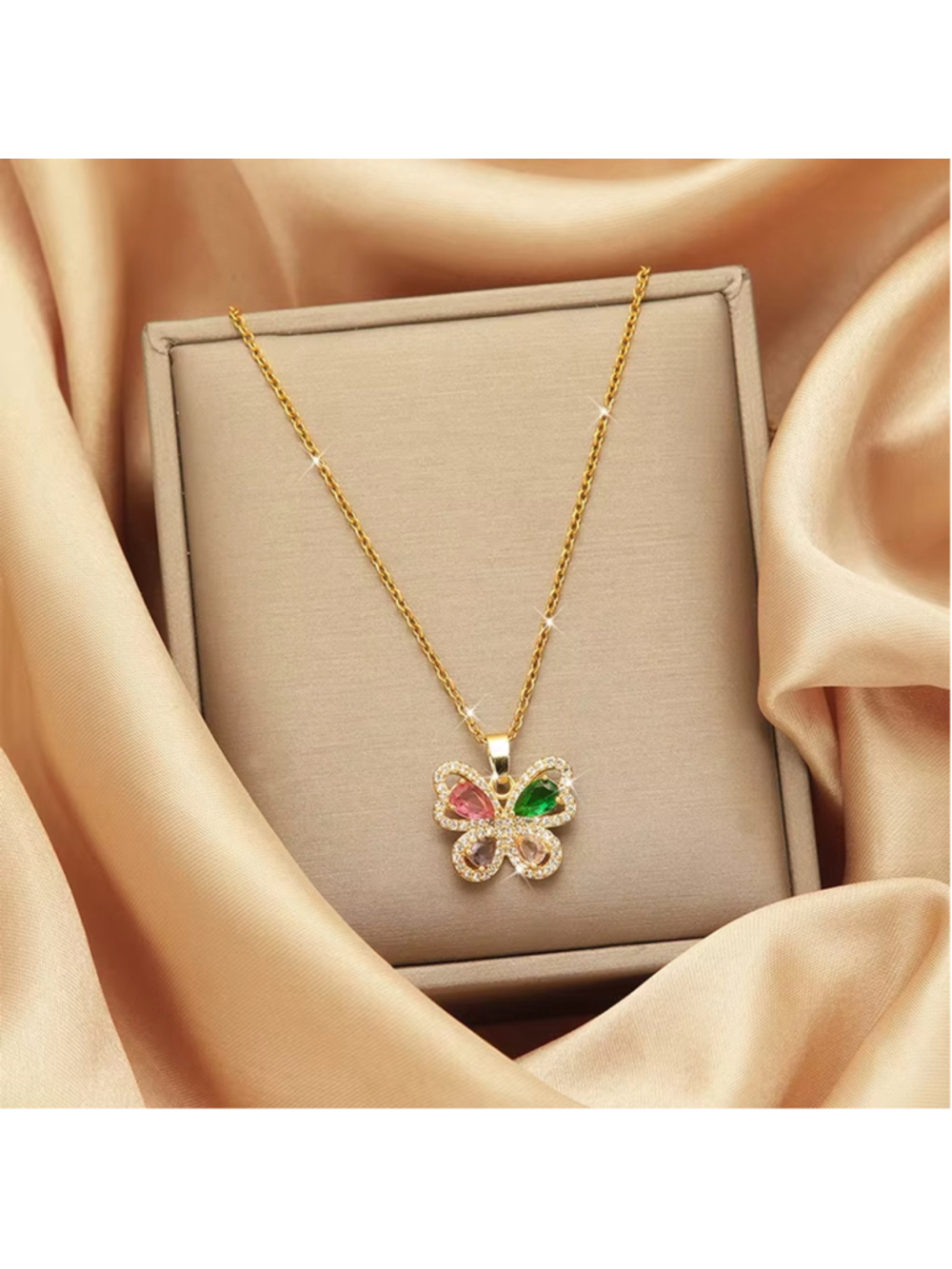 Gold Butterfly Pendant Necklace w/ Colorful Cubic Zirconia Stones NWT